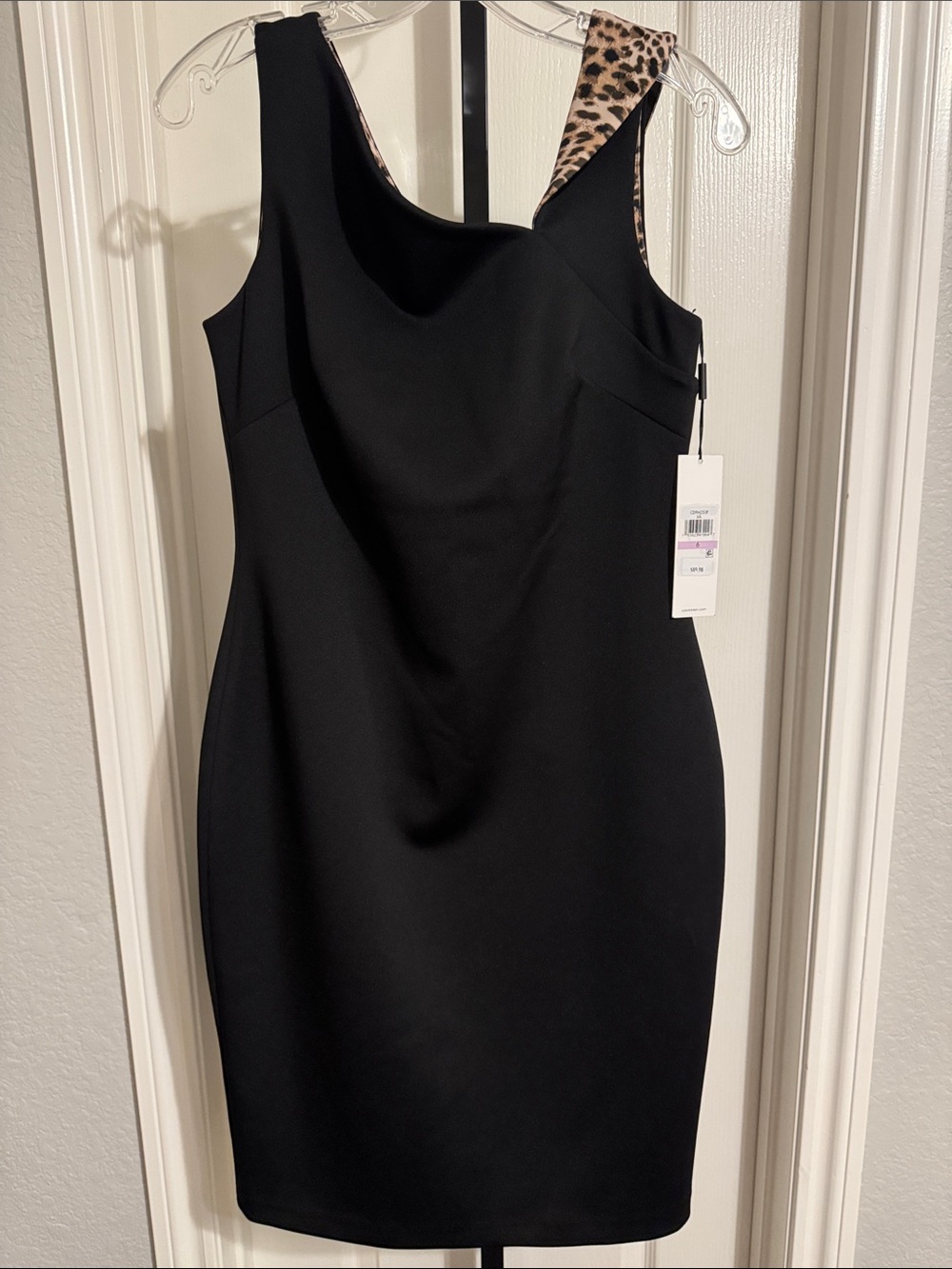 Calvin Klein Black Sleeveless Sheath Suba Dress with Leopard Trim 0118
